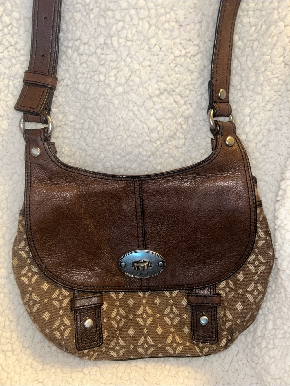 Fossil Brown Leather and Tan Patterned Shoulder Bag - Picture 2 of 7